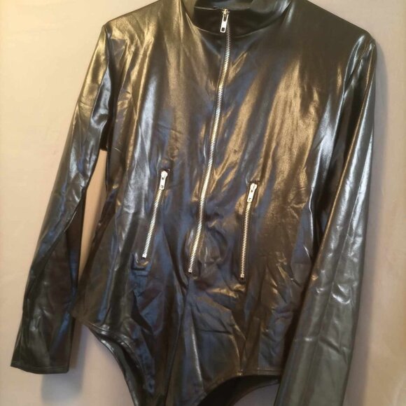 Bodysuit Black, Faux Leather, Zip-up, Crotch Snap, Long Sleeve Sz XL - Picture 2 of 10